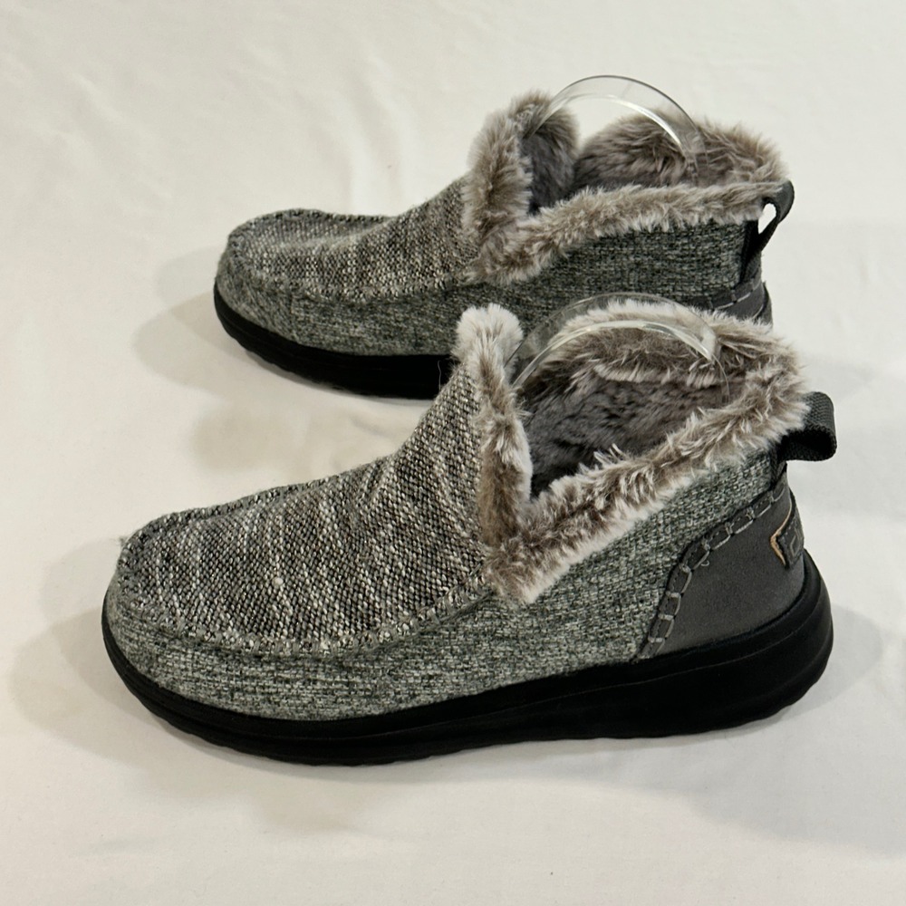 Hey Dude Denny Sleet Ankle Boots Womens 7 Gray Knit Faux‎ Fur Lined Slip On Cozy